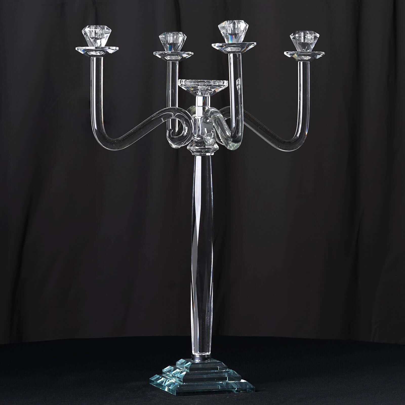 5 Arm Crystal Glass Candelabra 27" Clear- Glamorous Taper Candle Holder Table Centerpiece Stand for Weddings & Banquets