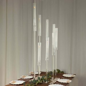 9-Arm Acrylic Cluster Taper Candelabra with Square Base 4ft Clear - Stylish Candle Holder Table Centerpiece for Pillar Candles & Events